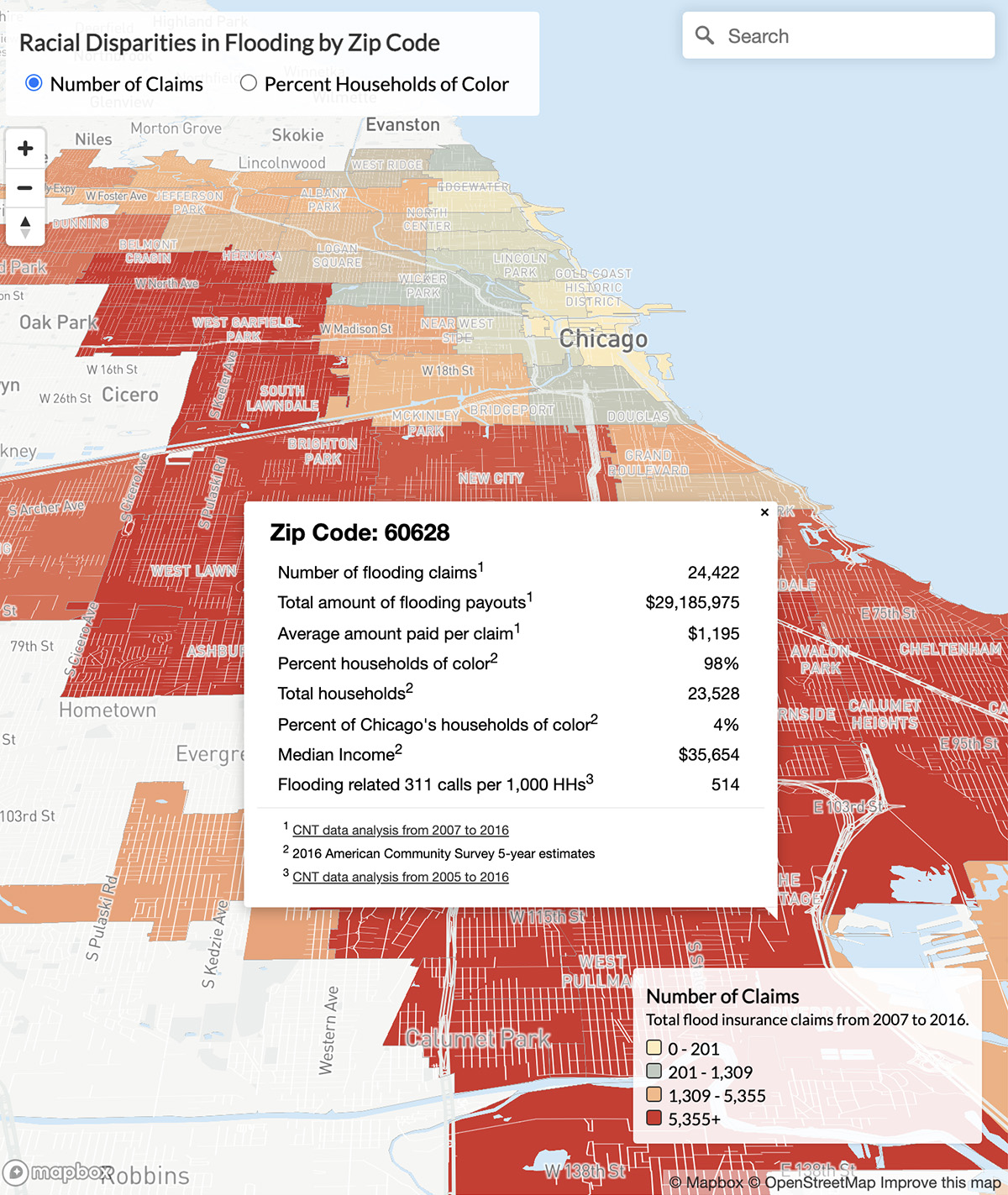 Map of number of flooding claims in Chicago.