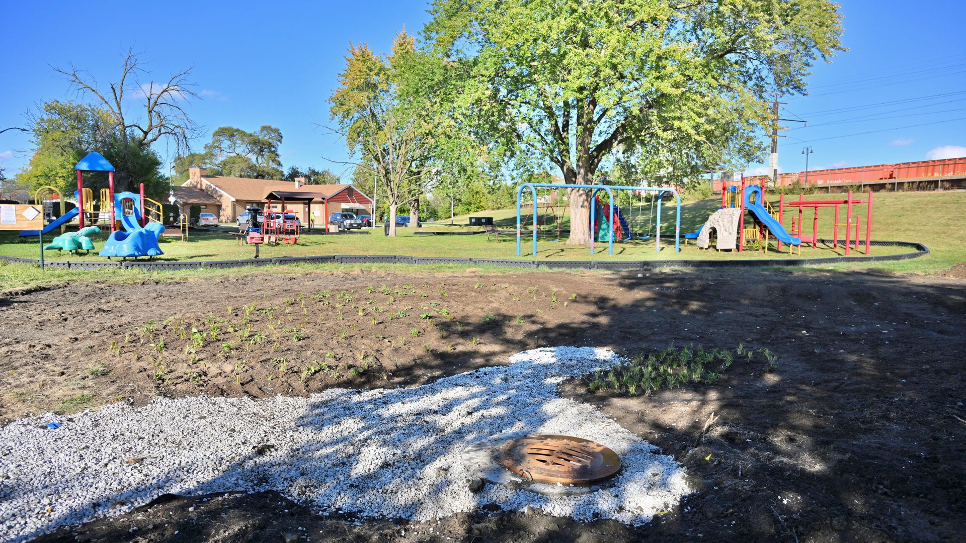 View of a green stormwater infrastructure project CNT helped develop at Pekny Park in Riverdale.