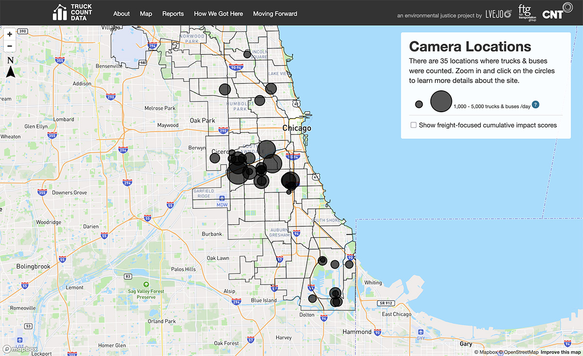 Screenshot of the Chicago Truck Data Portal tool depicting a map of the study area where high volumes of trucks were counted.