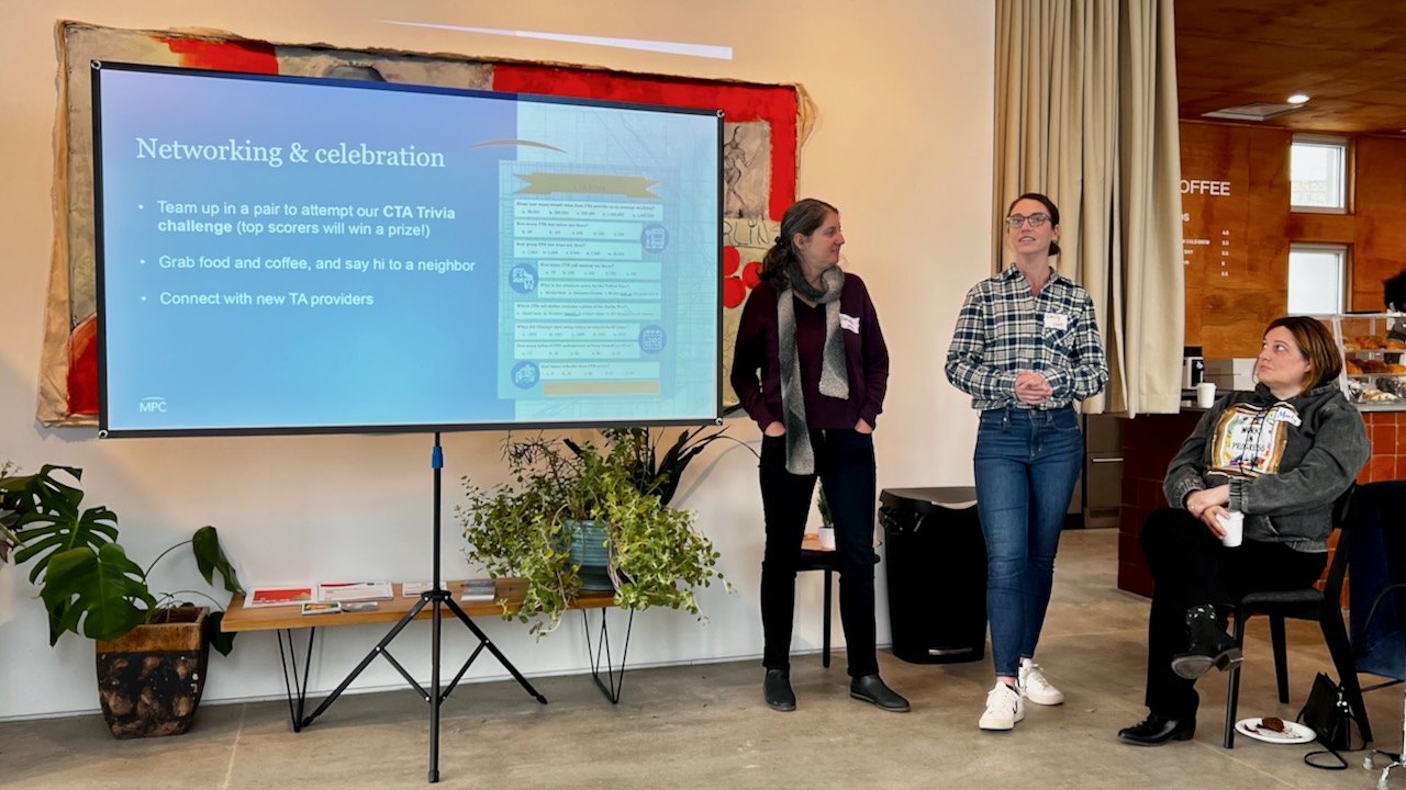 Sarah Atlas from Metropolitan Planning Council, Emily LaFlamme from Center for Neighborhood Technology and Marly Schott from Elevated Chicago discussed Elevated Works with a group of developers and technical assistance providers at an end of year celebration at the Starling on December 11. 