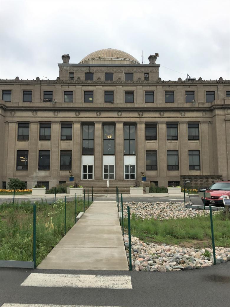 Gary, Indiana's City Hall with green infrastructure helping to absorb rainwater where it falls