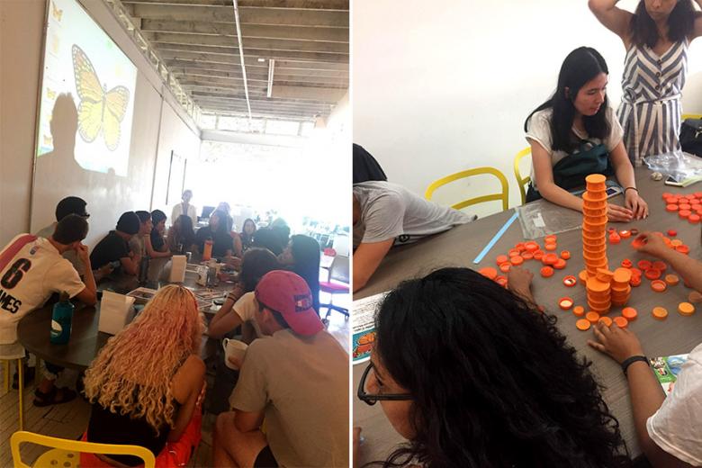 An LSNA-led youth group meets to discuss the art project and begins to sort colored bottle-caps so that the Artist, Scott Wills, can begin mosaic assembly.