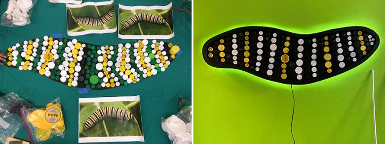 Creating the monarch caterpillar mosaic (left); The completed monarch larva (right).