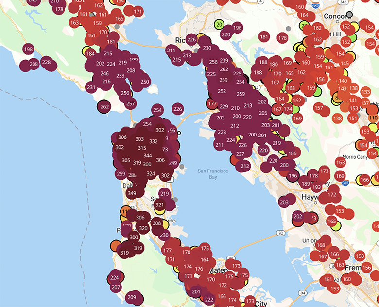 Purple Air sensor map US EPA PM2.5 AQI, San Francisco, September 10, 2020. </br>www.purpleair.com