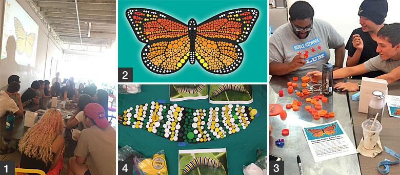 01) Chicago youth provide feedback on preliminary mosaic design of Monarch;</br> 02) Graphic rendering of monarch mosaic;</br>03) Chicago youth sort orange bottlecaps for the Monarch mosaic;</br>04) Monarch caterpillar mosaic in development 