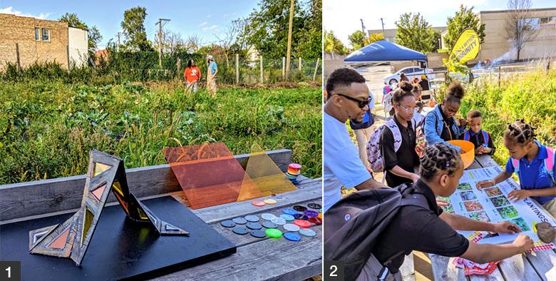 01) Local artist Andrea Jablonski’s maquette of the shade sculpture to be installed at FarmWorks.</br>02) Garfield Park residents stop by FarmWorks and vote for the plants they want to see in the gardens. 