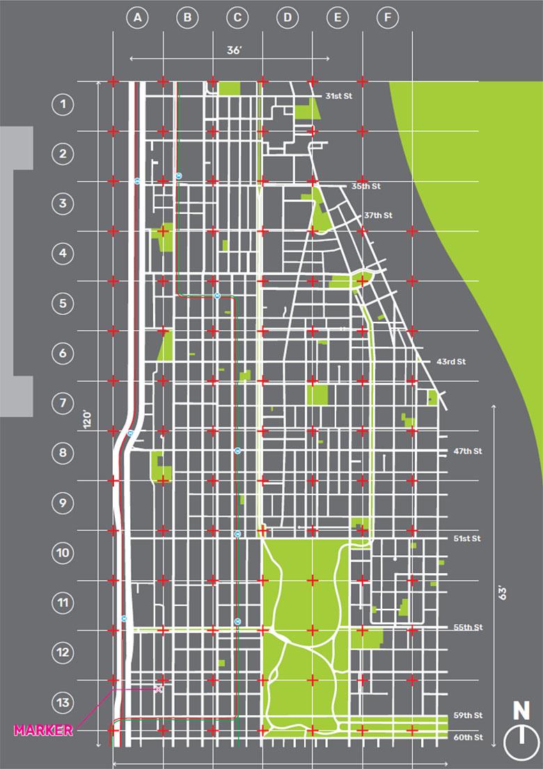 Artist Paola Aguirre’s concept for the Bronzeville Asset Map. The red crosses are the locations for future asset markers.