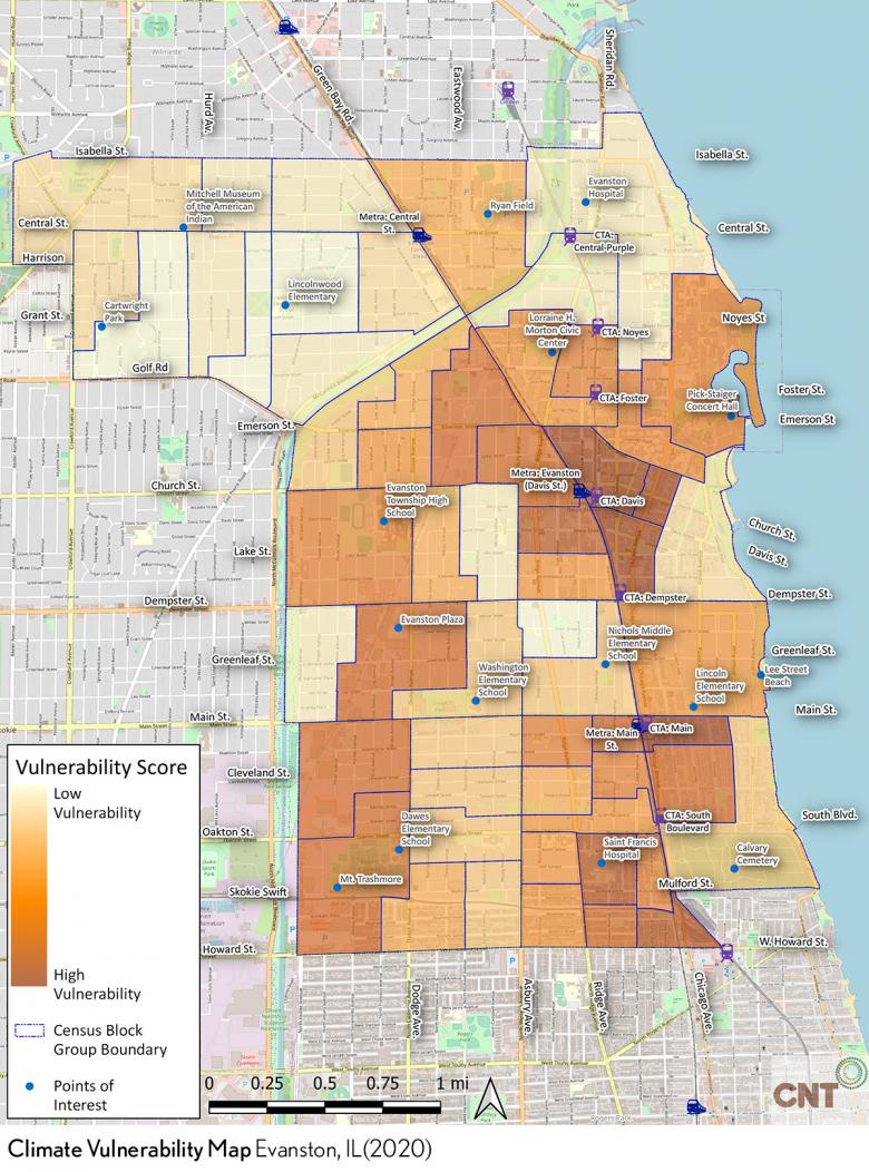 Este mapa de Evanston, Illinois, muestra la vulnerabilidad climática por grupo de bloques censales a partir del 2020.