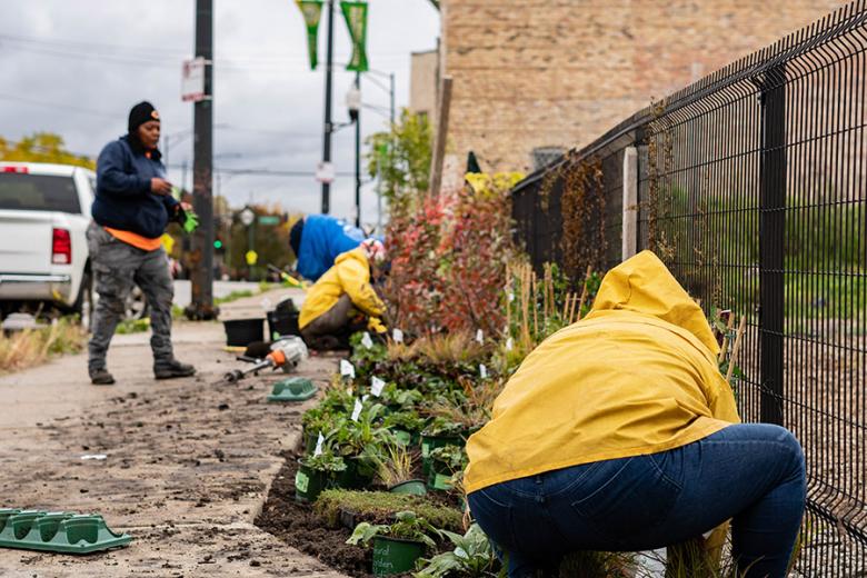 The bioswales at Farmworks were installed by Greencorps Chicago – again donating labor and providing their training cohort another opportunity to install green stormwater infrastructure.