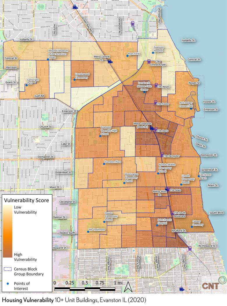 Este mapa de Evanston, Illinois muestra la vulnerabilidad de la vivienda para edificios de más de 10 unidades por grupo de bloques censales a partir de 2020.