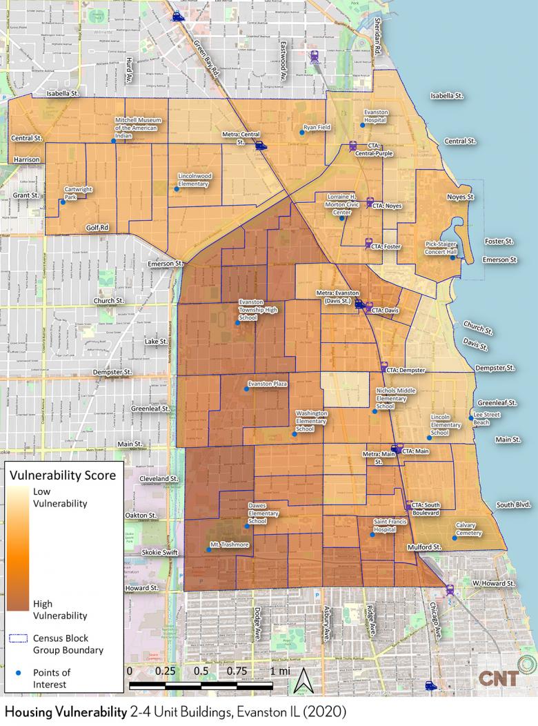 Este mapa de Evanston, Illinois muestra la vulnerabilidad de la vivienda para edificios de 2 a 4 unidades por grupo de bloques censales a partir de 2020.