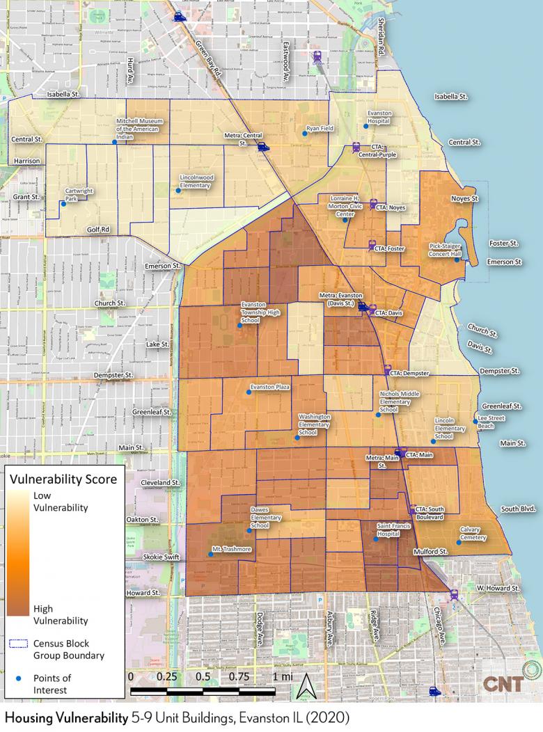 Este mapa de Evanston, Illinois muestra la vulnerabilidad de la vivienda para edificios de 5-9 unidades por grupo de bloques censales a partir de 2020.