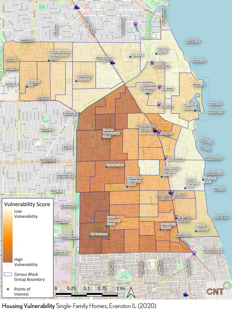Este mapa de Evanston, Illinois muestra la vulnerabilidad de viviendas unifamiliares por grupo de bloques censales a partir del 2020.