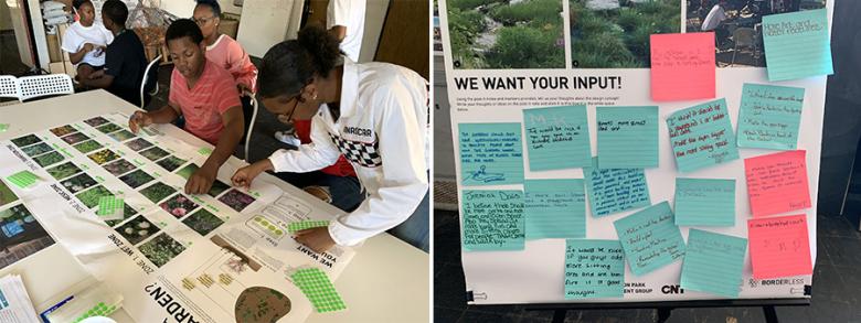 Site Design developed a plant voting board for the rain garden and a community feedback board and to collect feedback on the types of plants and gathering space amenities folks wanted to see at the site.