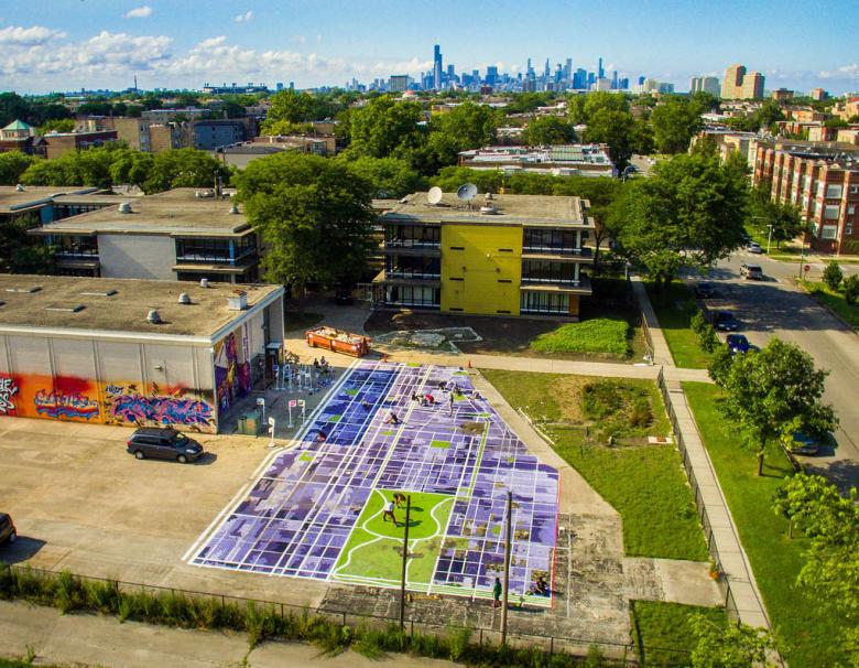 The completed site -  to the left, the Bronzeville asset map with catchment areas visualized; to the right, the rain garden and community gathering spot.