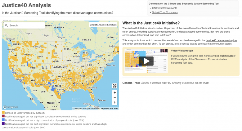 CNT’s Justice40 Analysis webtool demonstrates the gaps in the federal Climate and Economic Justice Screening Tool. Watch a short video tutorial for orientation, and then use it to explore any place in the country.