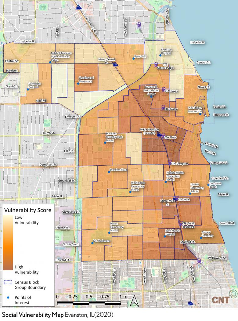 Este mapa de Evanston, Illinois muestra la vulnerabilidad social por grupo de bloques censales a partir de 2020.